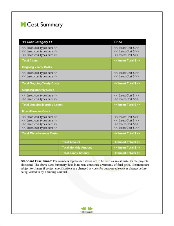 Proposal Pack Entertainment #7 Cost Summary Page