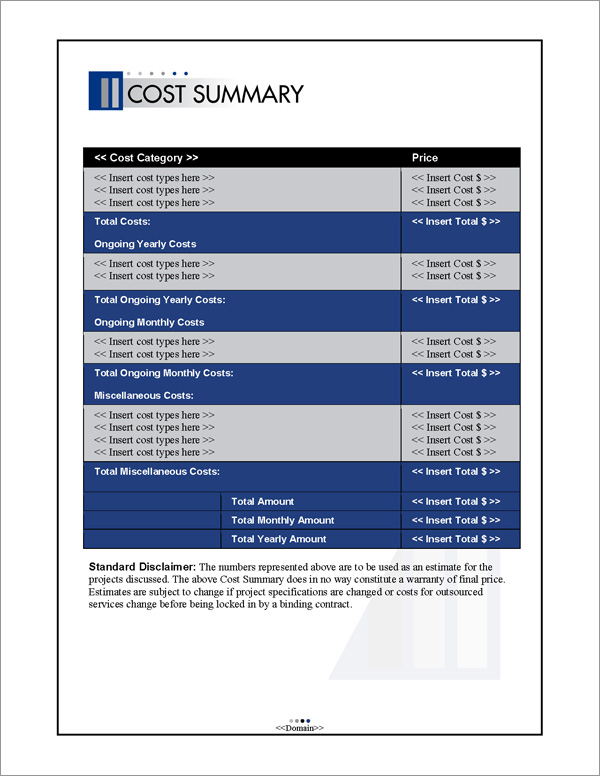 Proposal Pack Business #10 Cost Summary Page
