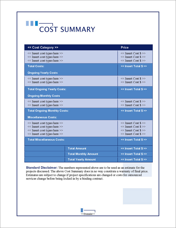 Proposal Pack Classic #10 Cost Summary Page