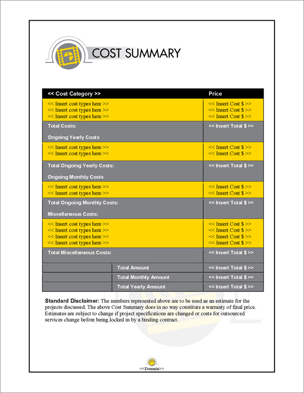 Proposal Pack Entertainment #5 Cost Summary Page