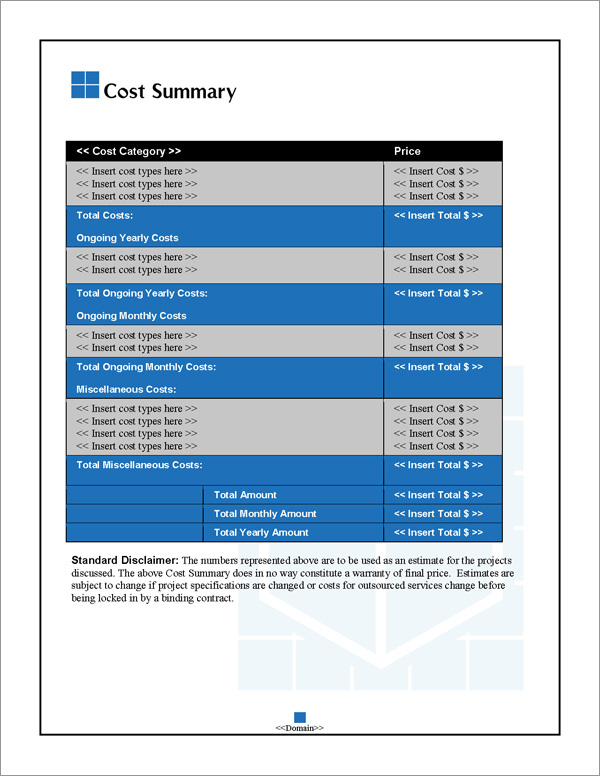 Proposal Pack Classic #14 Cost Summary Page