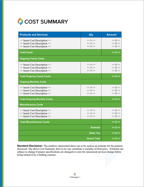 Proposal Pack In Motion #7 Cost Summary Page