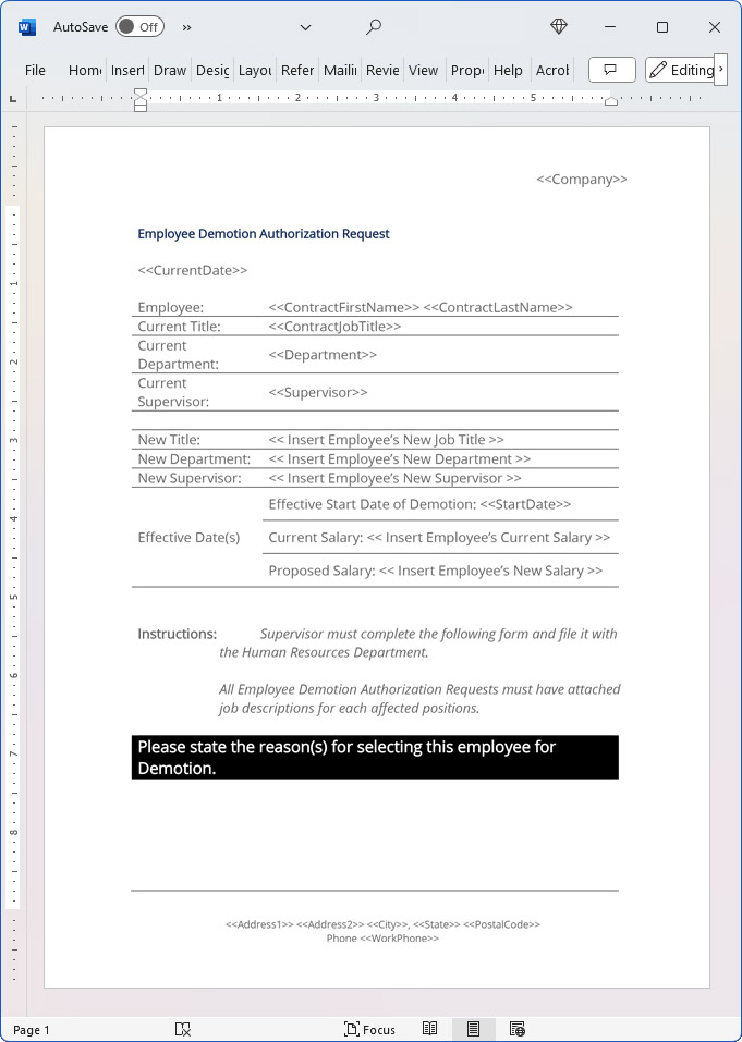 Employee Demotion Authorization Form