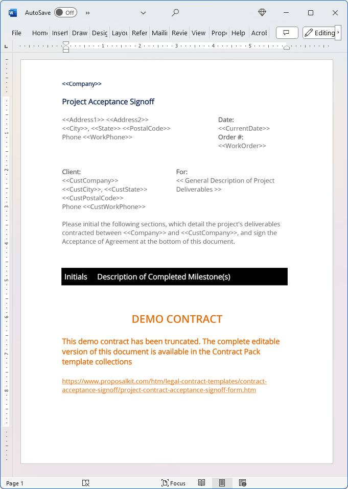 Project Contract Acceptance Signoff Form