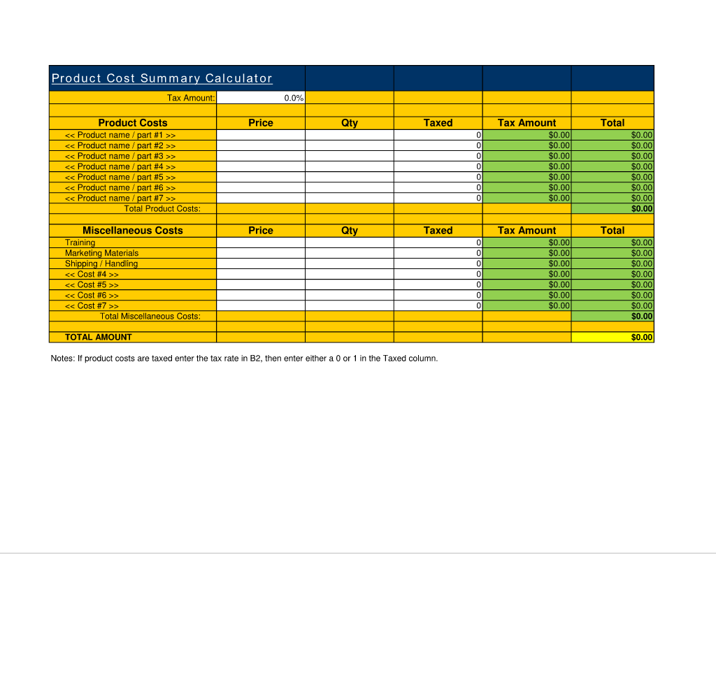 Product Cost Summary Calculator