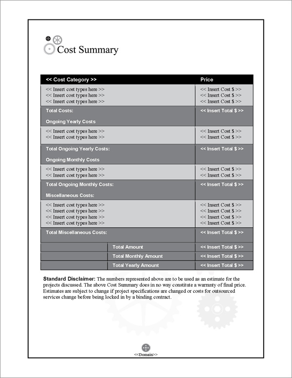 Proposal Pack Industrial #1 Cost Summary Page