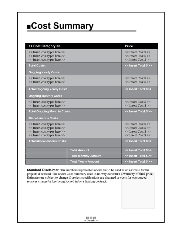 Proposal Pack Classic #1 Cost Summary Page