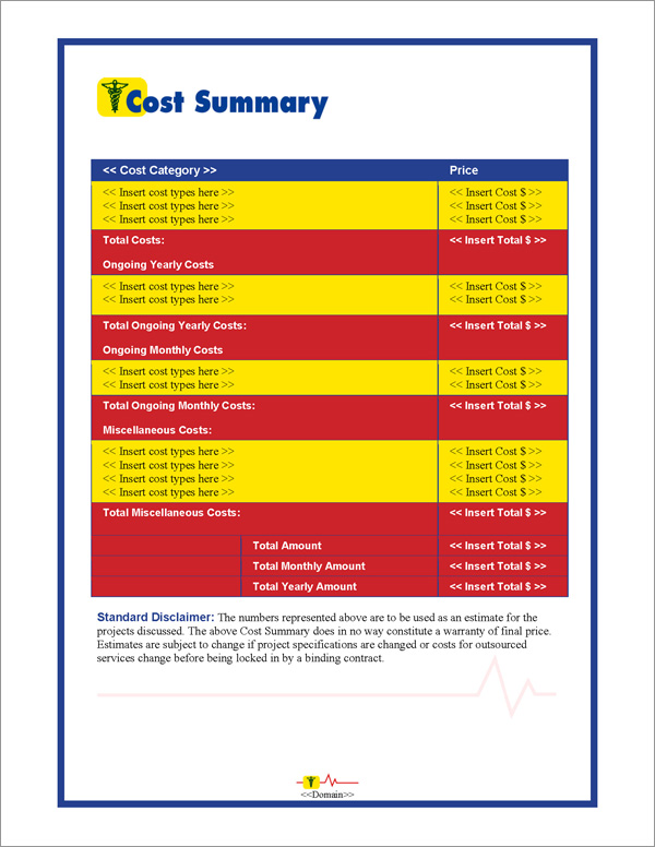 Proposal Pack Medical #1 Cost Summary Page