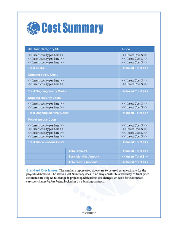 Proposal Pack Web #1 Cost Summary Page