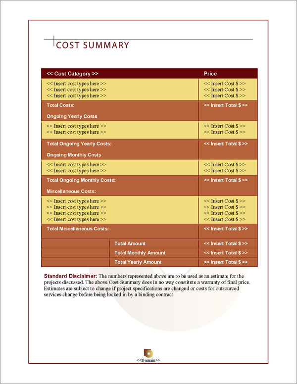 Proposal Pack Multimedia #2 Cost Summary Page