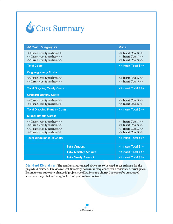 Proposal Pack Aqua #1 Cost Summary Page