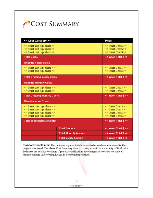 Proposal Pack In Motion #4 Cost Summary Page