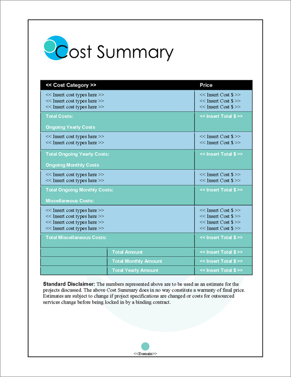 Proposal Pack Business #3 Cost Summary Page