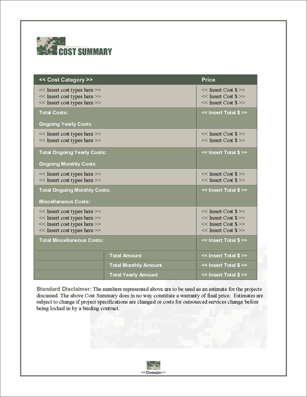 Proposal Pack Military #1 Cost Summary Page