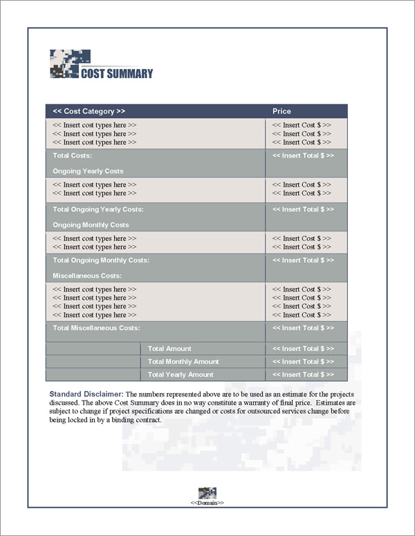 Proposal Pack Military #4 Cost Summary Page