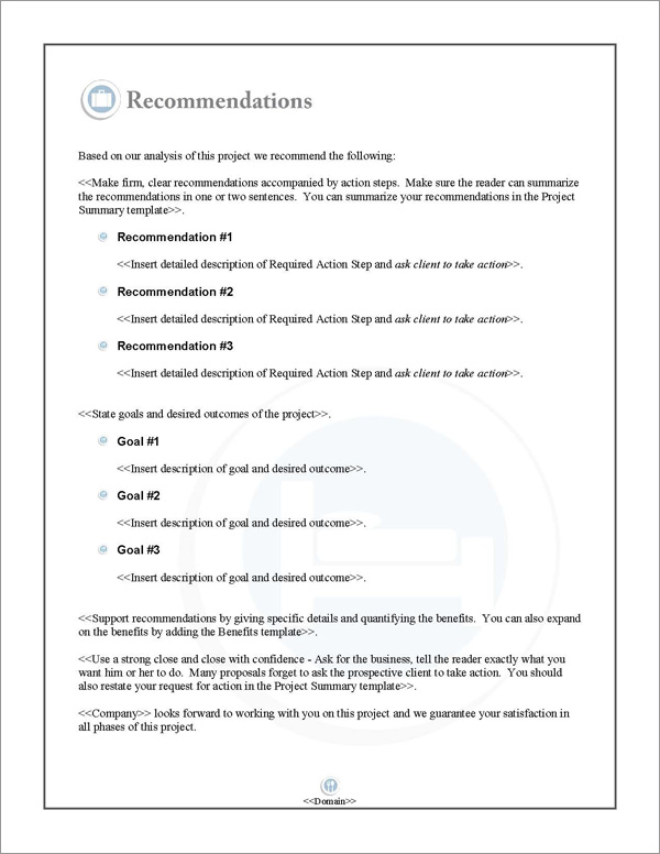 Proposal Pack Hospitality #1 Recommendations Page