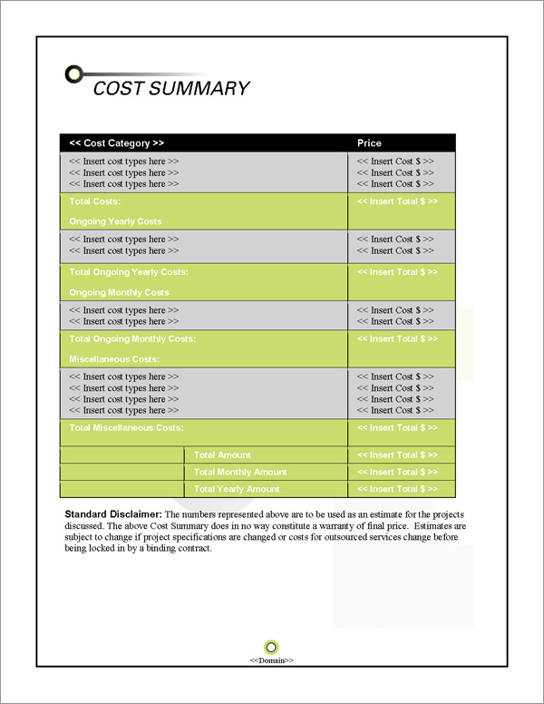 Proposal Pack Contemporary #15 Cost Summary Page