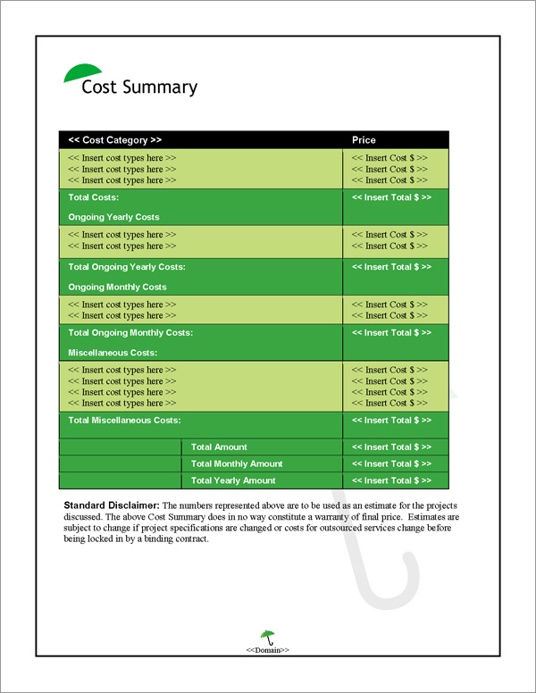 Proposal Pack Security #5 Cost Summary Page