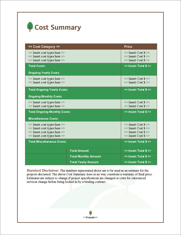 Proposal Pack Nature #3 Cost Summary Page