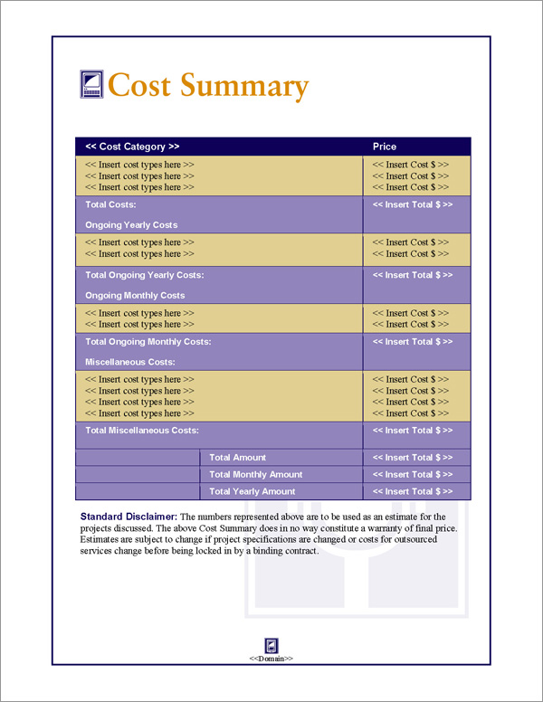 Proposal Pack Communication #1 Cost Summary Page