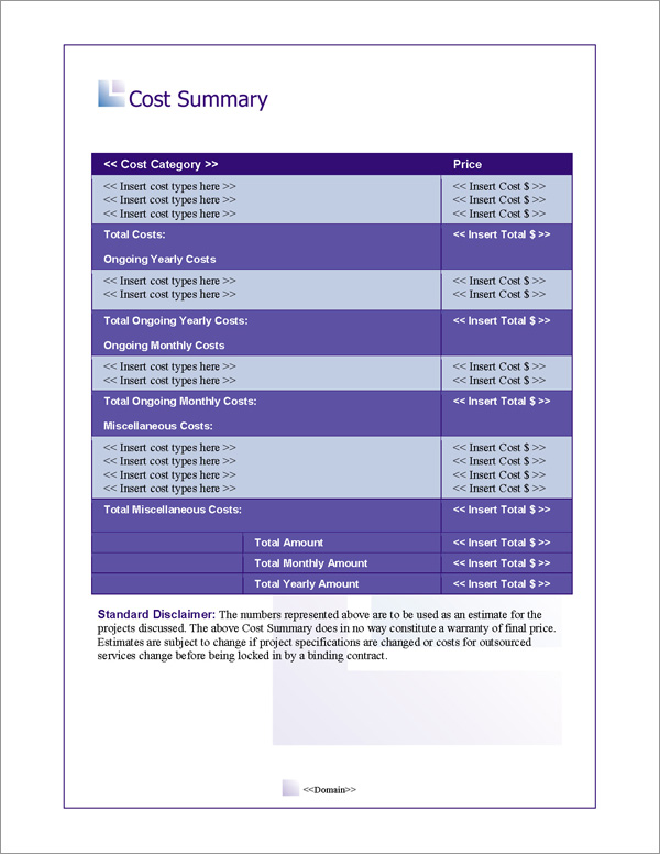 Proposal Pack Business #8 Cost Summary Page