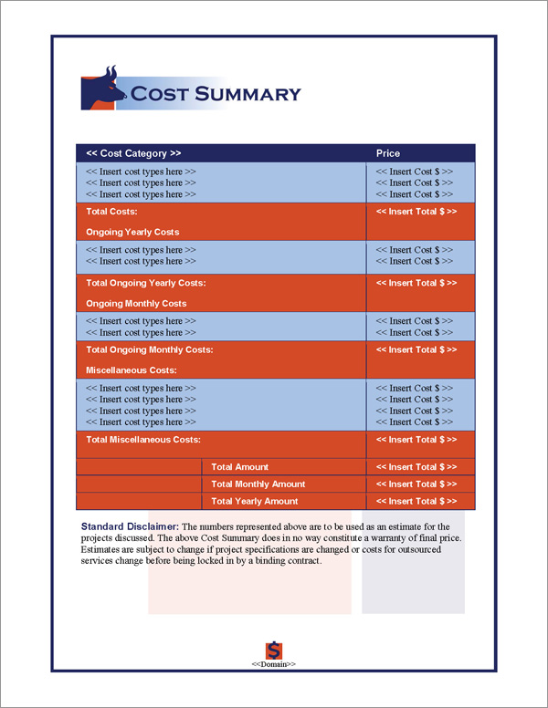 Proposal Pack Financial #2 Cost Summary Page