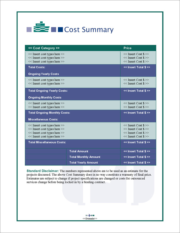 Proposal Pack Travel #2 Cost Summary Page
