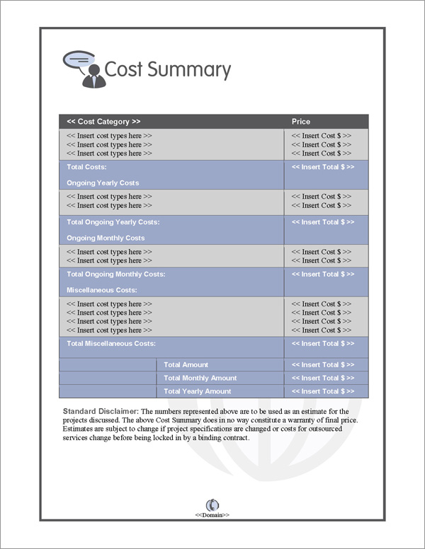 Proposal Pack Communication #2 Cost Summary Page
