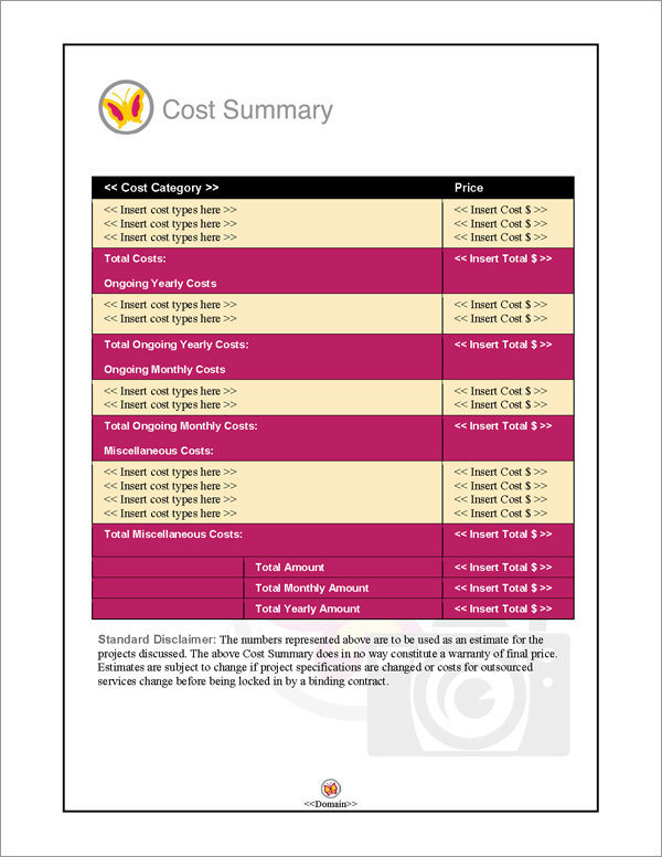 Proposal Pack Photography #3 Cost Summary Page