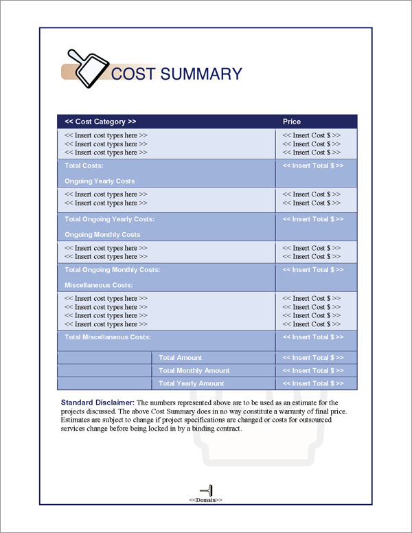 Proposal Pack Janitorial #1 Cost Summary Page