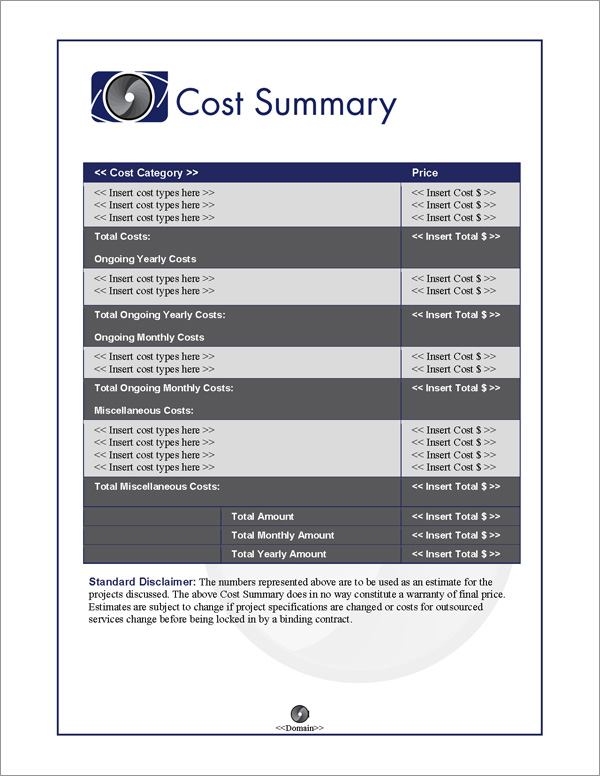 Proposal Pack Photography #5 Cost Summary Page
