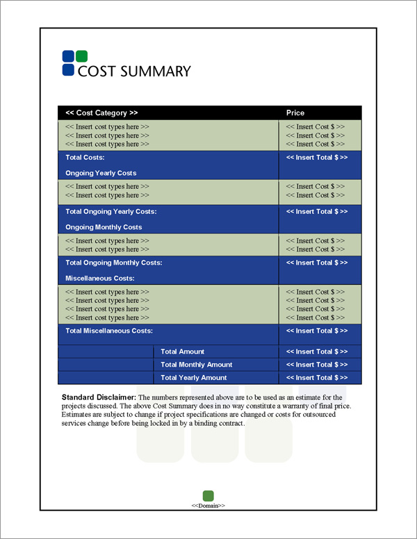 Proposal Pack Classic #6 Cost Summary Page