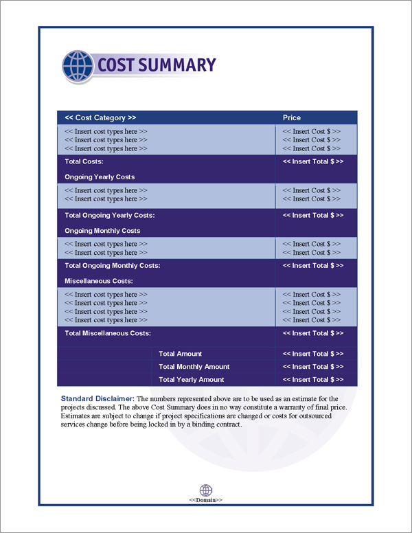 Proposal Pack Global #2 Cost Summary Page