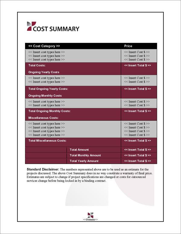 Proposal Pack Classic #7 Cost Summary Page