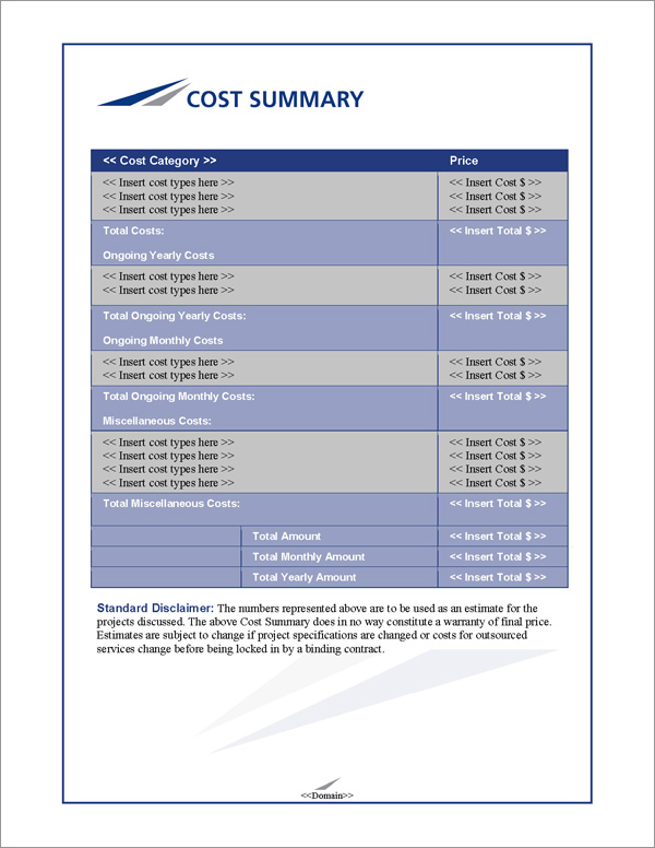 Proposal Pack Classic #8 Cost Summary Page
