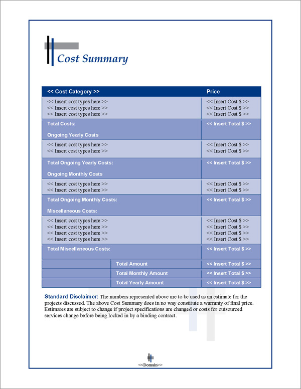 Proposal Pack Classic #9 Cost Summary Page