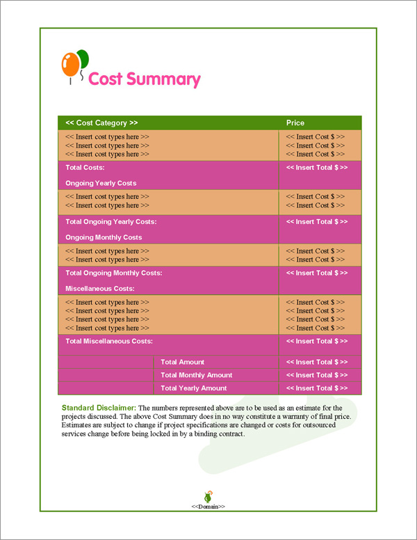 Proposal Pack Events #1 Cost Summary Page