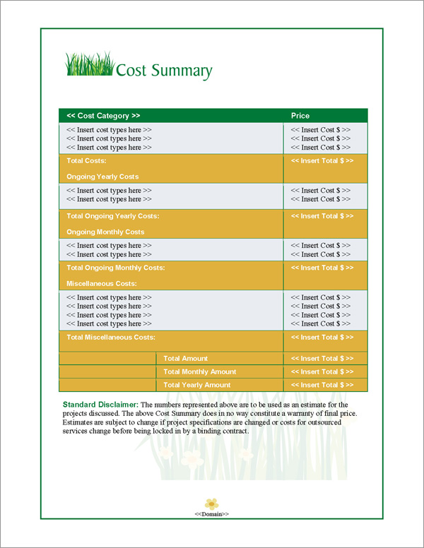 Proposal Pack Lawn #1 Cost Summary Page