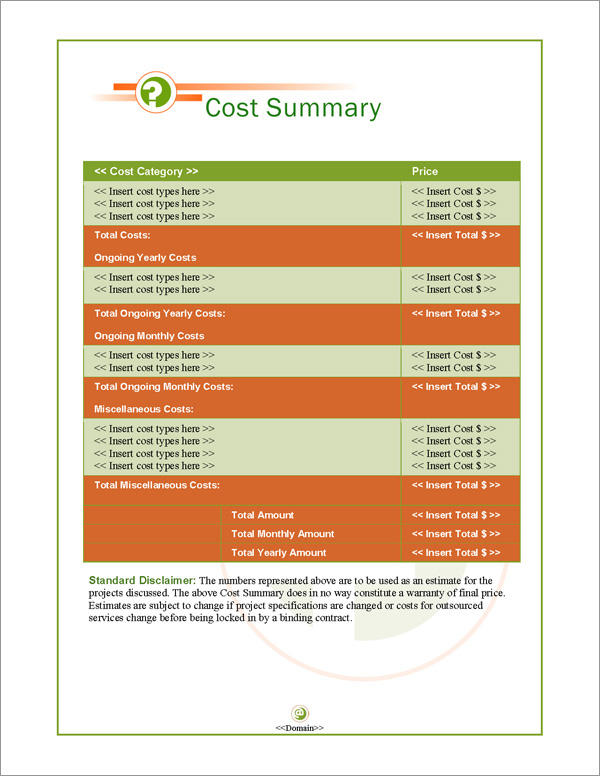 Proposal Pack Symbols #3 Cost Summary Page
