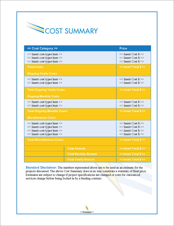 Proposal Pack Contemporary #8 Cost Summary Page