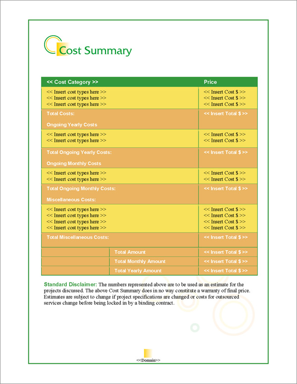Proposal Pack Business #14 Cost Summary Page