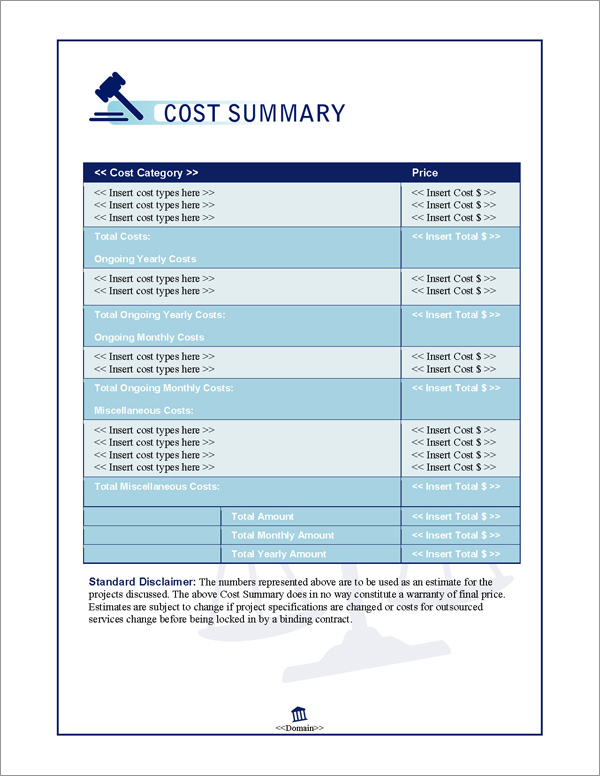 Proposal Pack Justice #1 Cost Summary Page