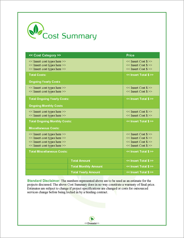 Proposal Pack Environmental #2 Cost Summary Page
