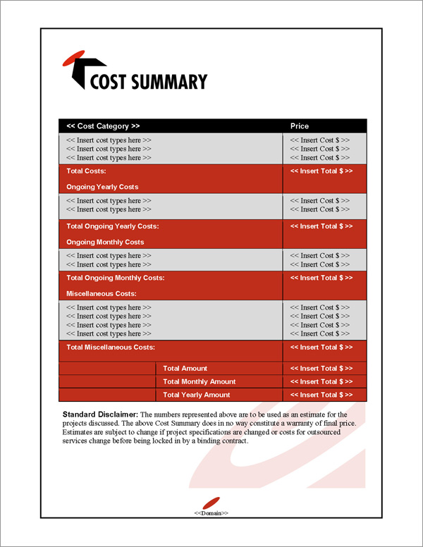 Proposal Pack Bullseye #1 Cost Summary Page