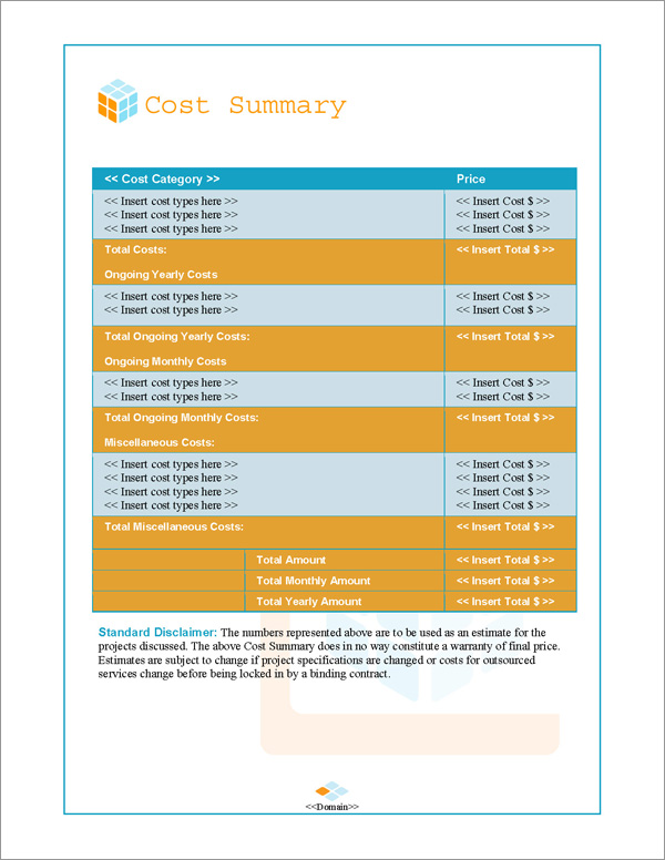 Proposal Pack Contemporary #10 Cost Summary Page