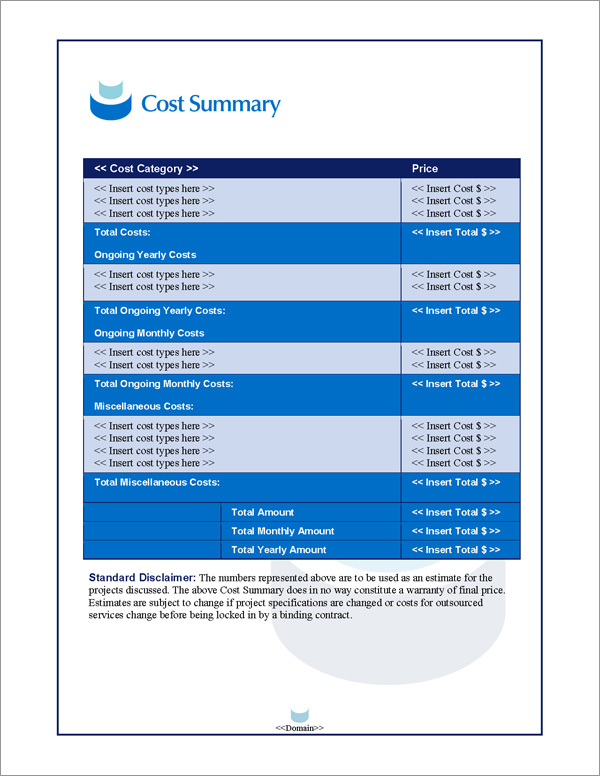 Proposal Pack Contemporary #11 Cost Summary Page
