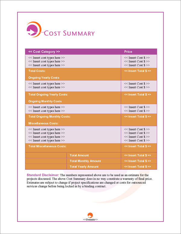 Proposal Pack Symbols #4 Cost Summary Page