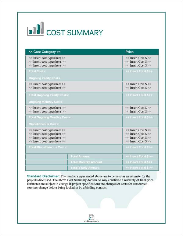 Proposal Pack Financial #3 Cost Summary Page