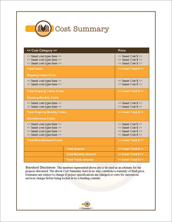Proposal Pack Books #1 Cost Summary Page