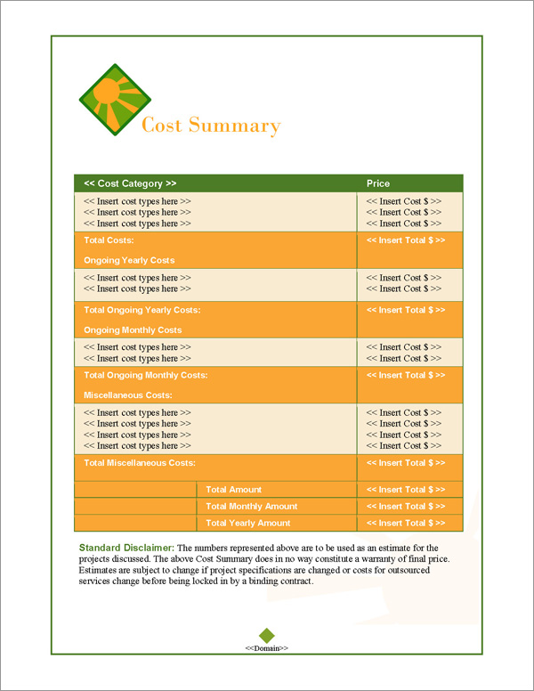 Proposal Pack Energy #1 Cost Summary Page
